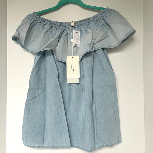 Soft Joie Off Shoulder Blouse Womens Blue Ruffle Cotton Chambray Relaxed Top - Picture 2 of 6